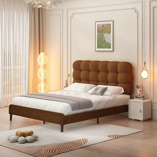 BarnFurin Full Size Bed Frame, Platform Bed with Soft Teddy Boucle Upholstered Headboard, Wooden Slats Support, Two Bed Forms Design, No Boxing Spring Needed, Easy Assembly, Brown