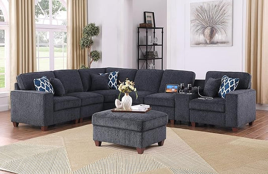 Sectional Sofa L Shaped Chenille Upholstered 7 Seat Sofa, Dark Gray