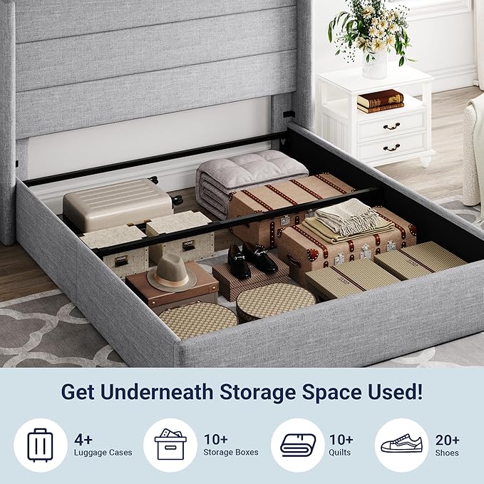 Allewie Queen Size Lift Up Storage Bed, Modern Wingback Headboard, Hydraulic Support, No Box Spring Needed, Light Grey