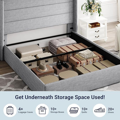 Allewie Queen Size Lift Up Storage Bed, Modern Wingback Headboard, Hydraulic Support, No Box Spring Needed, Light Grey