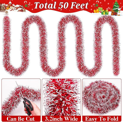 50Ft Christmas Red Tinsel Garland Xmas Tree Decorations Metallic Glitter Twist Garland for Christmas Decorations Anniversary Birthday Wedding Holiday Supplies Indoor Outdoor Supplies