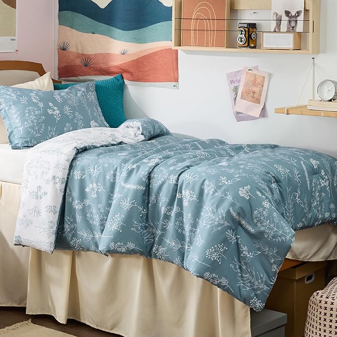 Bedsure Twin/Twin XL Comforter Set - Mineral Blue Bed Set, 2 Pieces Cute Floral Bedding, 1 Soft Reversible Botanical Flowers Comforter and 1 Pillow Sham