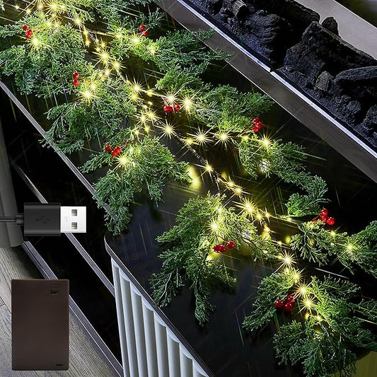 Fudios Lighted Pine Garland with Timer Red Berry Decor 80 LED 6FT Battery Operated USB Plug in,Lit Christmas Garland Cypress Leaves Lights for Home Mantle Inside