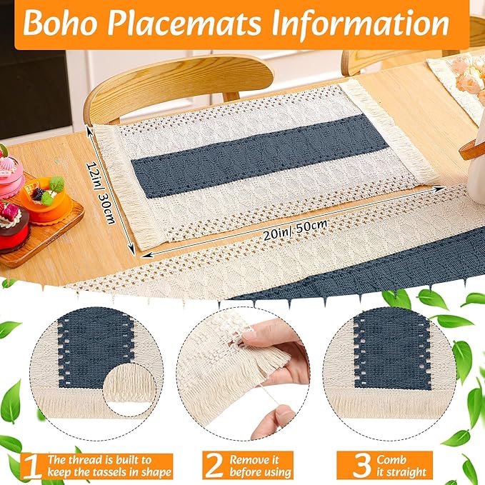 6 Sets Boho Placemats Round Woven Placemats, Cloth Napkins, Wood Bead Napkin Rings, Long Table Runner and Farmhouse Rustic Natural Burlap Cotton for Kitchen Table Home (Blue)