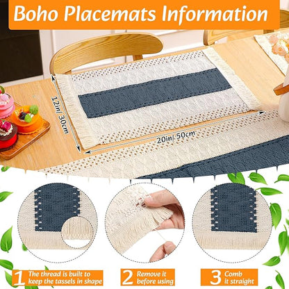 6 Sets Boho Placemats Round Woven Placemats, Cloth Napkins, Wood Bead Napkin Rings, Long Table Runner and Farmhouse Rustic Natural Burlap Cotton for Kitchen Table Home (Blue)