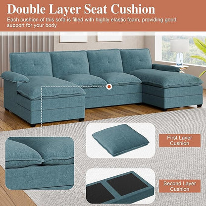 Meilocar U Shaped Sectional Sofa 110" 4 Seat Large Cloud Couch with Wide Chaise Double Cushions, Striped Blue