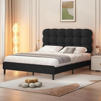 BarnFurin Full Size Bed Frame with Upholstered Headboard, Teddy Soft Boucle Fabric, Platform Bed with Strong Wooden Slats Support, Two Bed Forms Design, No Boxing Spring Needed, Easy Assembly, Black
