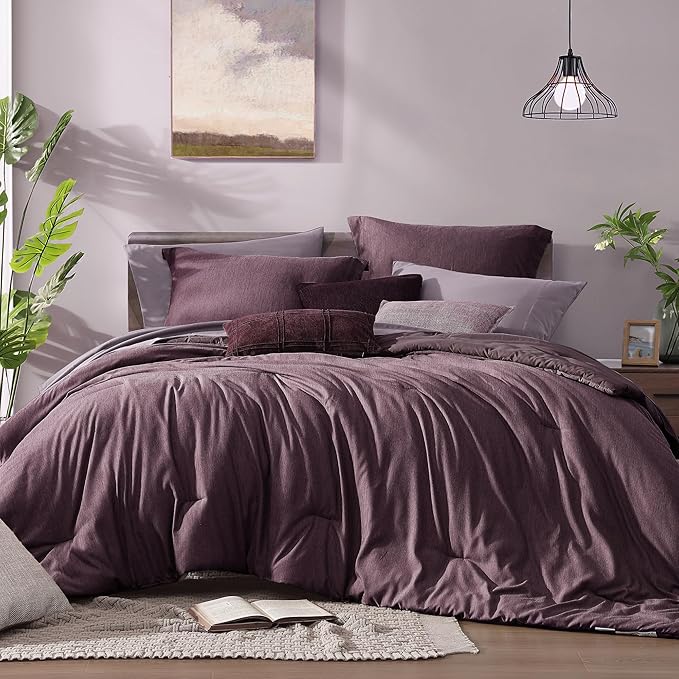 Monbix King Size Comforter Set, Italian Plum King Bedding Set Reversible, 7 Pieces, Cationic Dyeing Bed in a Bag King with Comforter, Sheets, Pillowcases & Shams