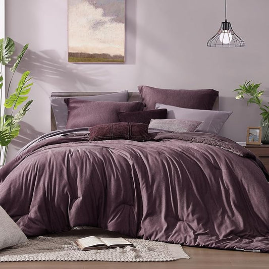 Monbix California King Comforter Set - 7 Pieces Cationic Dyeing Italian Plum Bed in a Bag Cal King Bed Sets with Comforter, Sheets, Pillowcases & Shams, Reversible Bedding Comforters Sets (108 * 92)