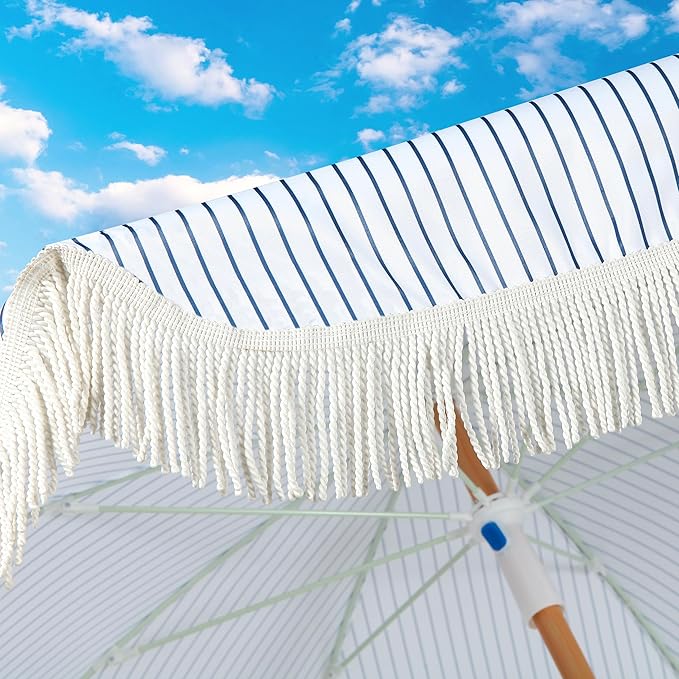 6.5ft Patio Umbrella with Fringe, Beach Umbrella, Fringe Umbrella Outdoor Patio with Hanging Hook, Tilting Aluminum Pole, UV 50+, Fiberglass Ribs, Blue White Stripe