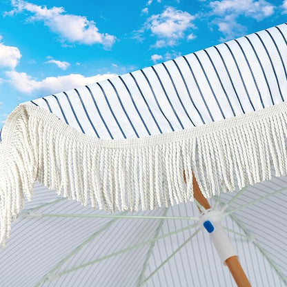 6.5ft Patio Umbrella with Fringe, Beach Umbrella, Fringe Umbrella Outdoor Patio with Hanging Hook, Tilting Aluminum Pole, UV 50+, Fiberglass Ribs, Blue White Stripe