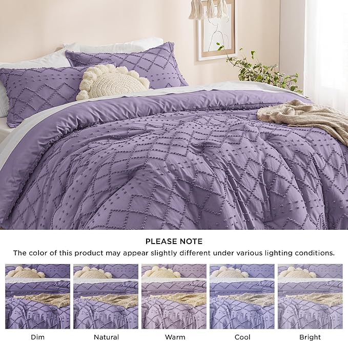 Bedsure King Comforter Set - Grayish Purple Comforter, Boho Tufted Shabby Chic Bedding for Kids, 3 Pieces Vintage Farmhouse Bed Set for All Seasons, Fluffy Soft Bedding with 2 Pillow Shams