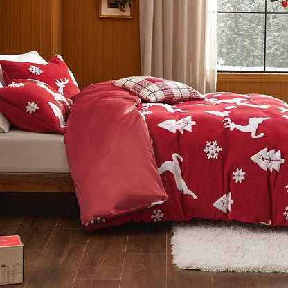 Bedsure Fluffy Christmas Duvet Cover Set - Ultra Soft Plush Shaggy Comforter Cover King Size, Warm Flannel Fleece Bed Sets for Winter, 3 Pieces, Reindeer Pattern, Red