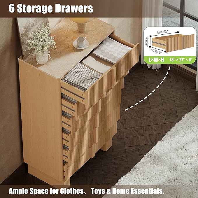 Fluted Dresser for Bedroom with 6 Drawers, 51'' H Modern Chest of Drawers with Wooden Handle, Wooden Dresser TV Stand, Wood Closet Clothes Storage Organizer for Living Room, Hallway, Light Oak