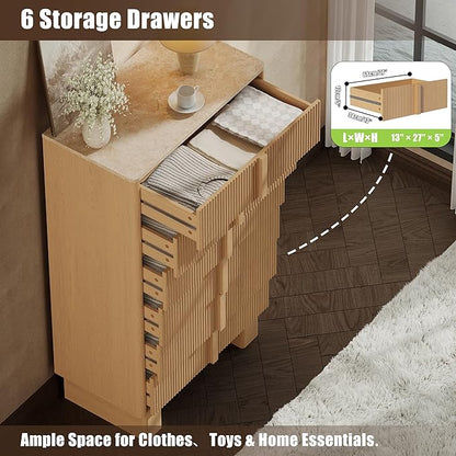 Fluted Dresser for Bedroom with 6 Drawers, 51'' H Modern Chest of Drawers with Wooden Handle, Wooden Dresser TV Stand, Wood Closet Clothes Storage Organizer for Living Room, Hallway, Light Oak