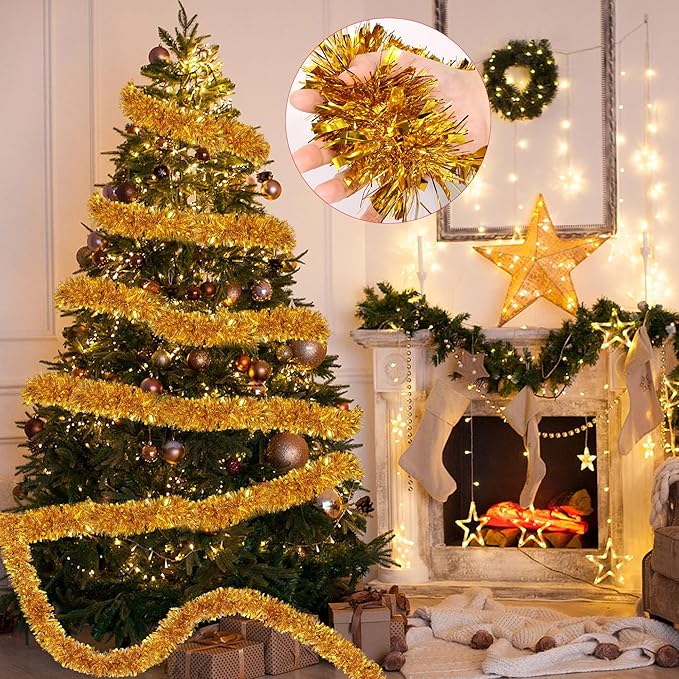 50 Feet Gold Christmas Tinsel Garland for Christmas Tree Decorations, Xmas Metallic Twist Shiny Hanging Garland Decor for Mantle Stairs Fireplace Home Holiday Indoor Outdoor