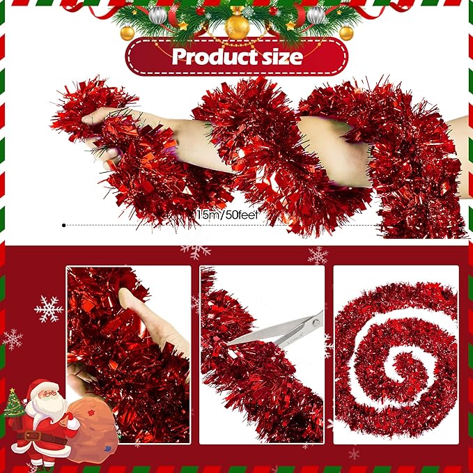 50FT Red Tinsel Christmas Garland Metallic Twist Garland Shiny Hanging Tinsel for Christmas Tree Party Supplies Indoor Outdoor Home Xmas Decoration (Red)