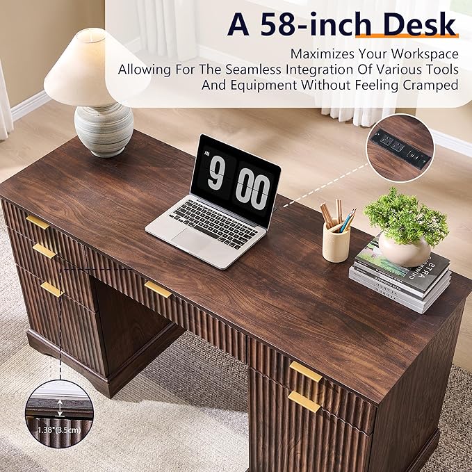 JXQTLINGMU 58" Modern Executive Desk with Storage, Wood Home Office Desk with 5 Drawers & 1 Cabinet, Fluted Computer Writing Desk for Study, Living Room, Bedroom, Dark Walnut