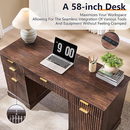 JXQTLINGMU 58" Modern Executive Desk with Storage, Wood Home Office Desk with 5 Drawers & 1 Cabinet, Fluted Computer Writing Desk for Study, Living Room, Bedroom, Dark Walnut