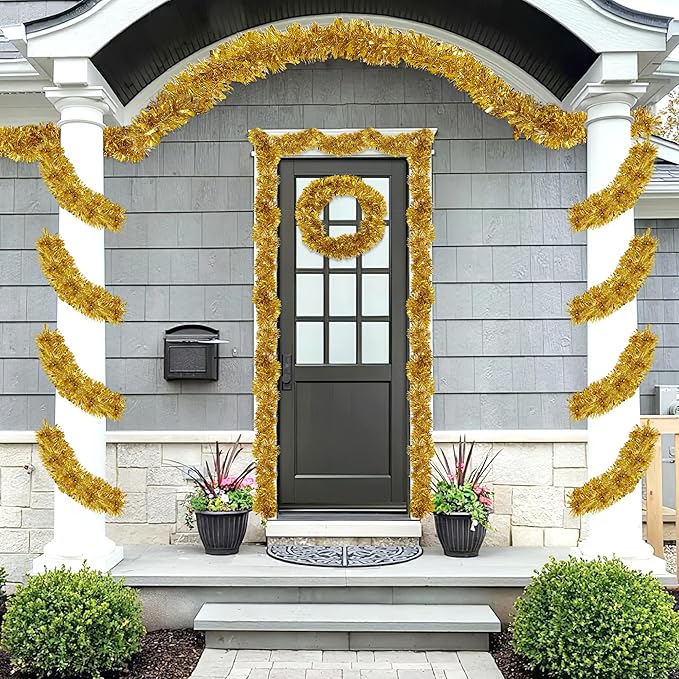 50FT Tinsel Christmas Garland Metallic Twist Garland Shiny Hanging Tinsel for Christmas Tree Party Supplies Indoor Outdoor Home Xmas Decoration (Gold)