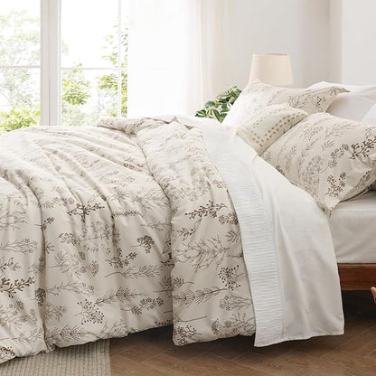 Bedsure Full Comforter Set - Beige Bed Set, 3 Pieces Cute Floral Bedding, 1 Soft Botanical Flowers Comforter and 2 Pillow Shams