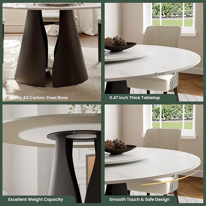 POVISON Round Dining Table for 4, 51" Modern Round Dining Table Built in Lazy Susan, Matte Sintered Stone Tabletop with Black Carbon Steel Pedestal, White