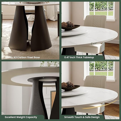 POVISON Round Dining Table for 4, 51" Modern Round Dining Table Built in Lazy Susan, Matte Sintered Stone Tabletop with Black Carbon Steel Pedestal, White