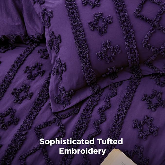 Bedsure Tufted Boho Comforter Set California King - Purple Boho Bed Set, GentleSoft™ 3 Pieces Farmhouse Shabby Chic Embroidery Bedding, Gifts for Woman, Soft Jacquard Comforter for All Seasons