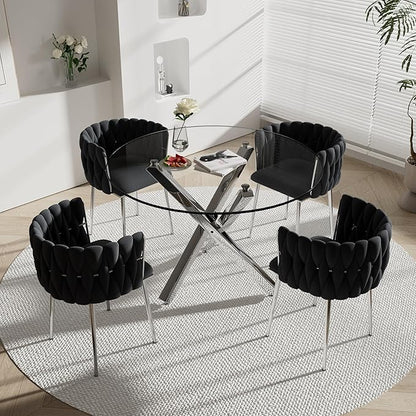 5 Pieces Round Glass Dining Table Set, 39'' Modern Luxury Circle Kitchen Set for 4, Clear Minimalist Circular Dinner Set with Black Woven Chairs Set, for Small Apartment Bedroom (Silver)