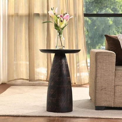 Mid-Century Farmhouse Cottagecore Accent Drink Table, Round Solid Mango Wood Accent Table with Carved Cone Base Minimalist Design for Small Spaces, Living Room, Bedroom or Entryway, Walnut, Assembled