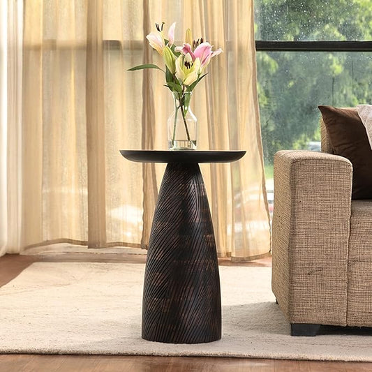 Mid-Century Farmhouse Cottagecore Accent Drink Table, Round Solid Mango Wood Accent Table with Carved Cone Base Minimalist Design for Small Spaces, Living Room, Bedroom or Entryway, Walnut, Assembled