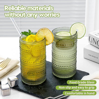 Vintage Glassware Drinking Glasses Set of 6,16oz Hobnail Glass Cups,Embossed Green Water Tumbler,for Cocktail, Juice, Whiskey, Milk and Various Mixed Drinks