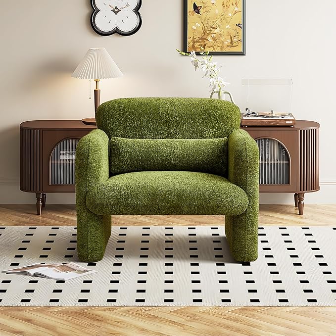 33.86" Accent Chairs, Modern Upgrade Sherpa Fabric Arm Chair Comfy Upholstered Armchair Leisure Single Sofa Chair with a Waist Pillow for Bedroom, Office and Living Room