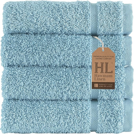 Washcloth Linen Set Premium Original Turkish Cotton, Hotel Quality for Maximum Softness & Absorbency for Face, Hand, Kitchen & Cleaning (Light Blue, Washcloth Set)