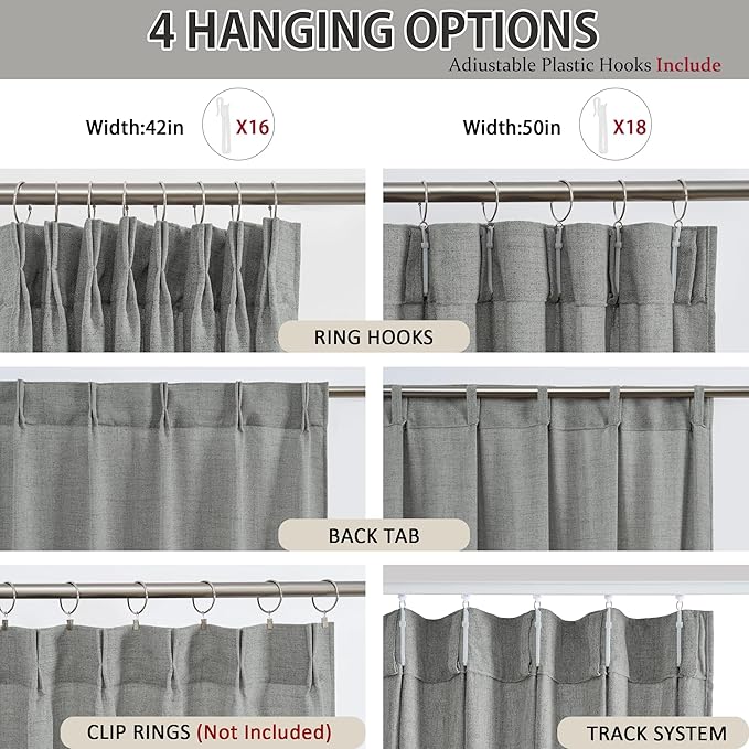 RAIN CITY Grey Linen Pinch Pleated Semi Sheer Curtains 2 Panels 42x96, 96 Inch Length 2 Panels for Bedroom Living Room, Soft Thick Textured Window Drapes Semi Sheer Light Filtering Back Tab