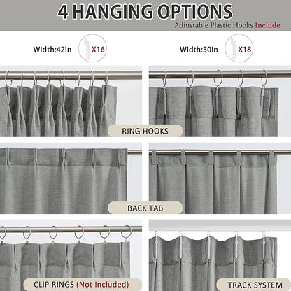 RAIN CITY Grey Linen Curtains 63 Inches Long Pinch Pleated with Hooks 2 Panels, Semi Sheer Textured Light Filtering Window Drapes for Bedroom Back Tab 42x63-in