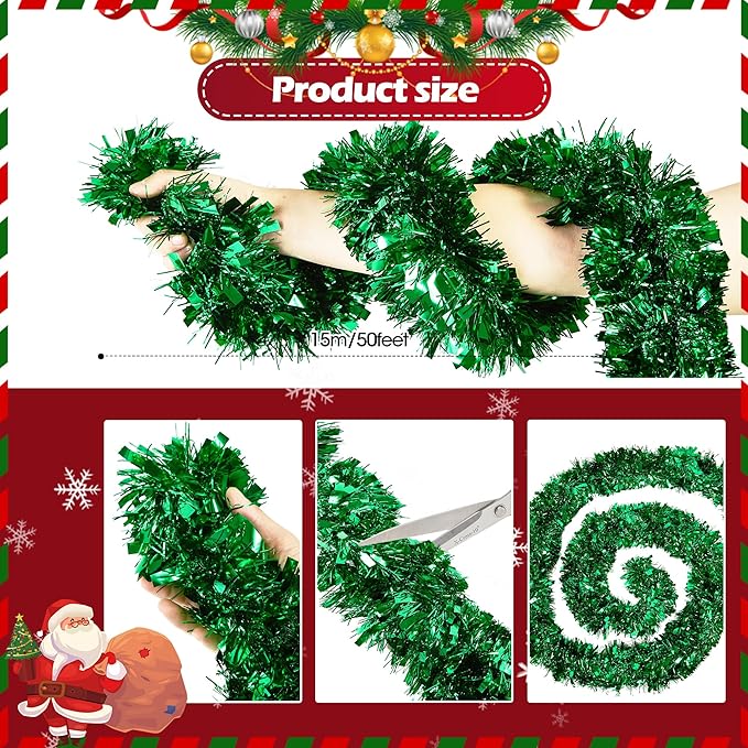 50FT Tinsel Christmas Garland Metallic Twist Garland Shiny Hanging Tinsel for Christmas Tree Party Supplies Indoor Outdoor Home Xmas Decoration (Green)