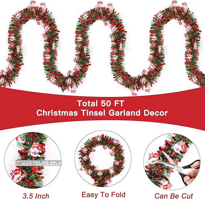 50FT Red Green Christmas Tinsel Garland with Santa Claus Ornaments, Metallic Twist Shiny Xmas Garland for Tree Decorations Fireplace Mantel Home Office Stair Party Outdoor Indoor Holiday Decor