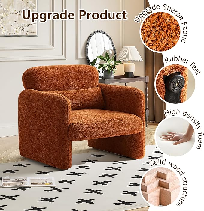 33.86" Accent Chairs, Modern Upgrade Sherpa Fabric Arm Chair Comfy Upholstered Armchair Leisure Single Sofa Chair with a Waist Pillow for Bedroom, Office and Living Room