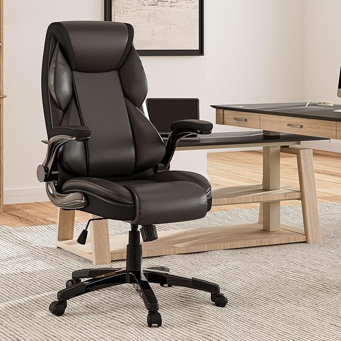 EUREKA ERGONOMIC PU Leather Desk Chair Office Executive Chair, Ergonomic Office Chair Flip Up Arms, High Back Office Chair with Headrest, Home Office Chair with Wheels, Computer Chairs for Adults