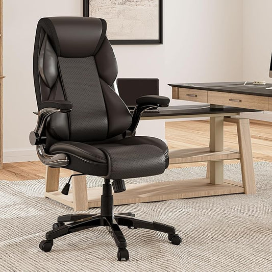 EUREKA ERGONOMIC PU Leather Desk Chair Office Executive Chair, Ergonomic Office Chair Flip Up Arms, High Back Office Chair with Headrest, Home Office Chair with Wheels, Computer Chairs for Adults