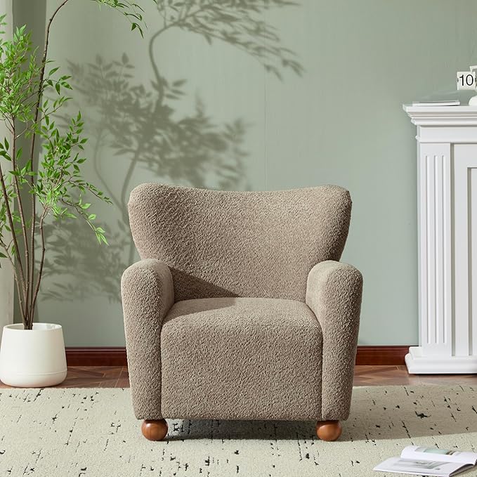 Christopher Knight Home Lindy Wingback Accent Chair, Upholstered Armchair with Rounded Wooden Legs, Curved Backrest Single Sofa, Soft Cushion Seating, Comfy Lounge Chair for Living Room, Light Brown