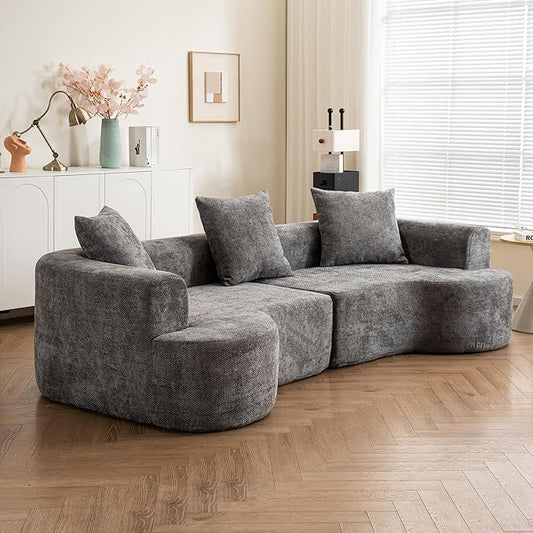 106" Chenille Curved Sectional Sofa with 3 Pillows, No Assembly Required, Comfy Boneless Loveseat Sectional Couches with Deep Seat, Half Moon Couch for Living Room/Apartment (Gray)