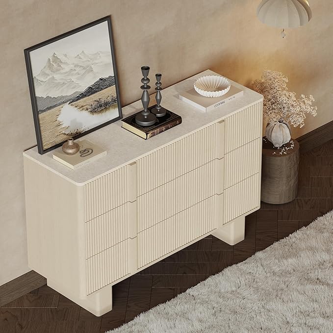 Fluted 6 Dresser for Bedroom, 47'' Modern Drawer Dressers with 2 Widened Reinforced Legs for Living Room, Hallway, Whitewashed Oak