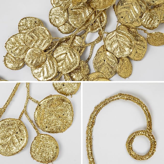 3 Pcs 6FT Christmas Garland Gold Glittered Artificial Eucalyptus Leaves for Mantle Christmas Tree Decorations Hanging Garland Ornaments Garden Table Shelf Door Window Wall Stair Holiday Home Decor