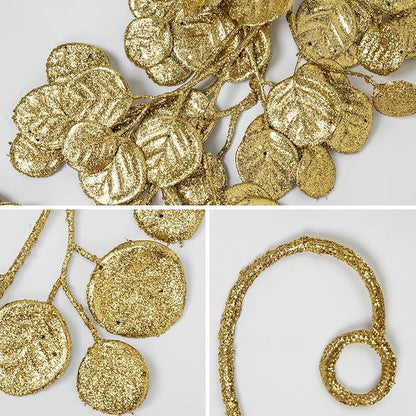 3 Pcs 6FT Christmas Garland Gold Glittered Artificial Eucalyptus Leaves for Mantle Christmas Tree Decorations Hanging Garland Ornaments Garden Table Shelf Door Window Wall Stair Holiday Home Decor