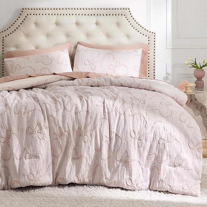 Bedsure Twin Size Comforter Set, Pink Boho Tufted Bed Set, 3D Puffy Jacquard Bedding King Size, 2 Pieces, 1 Farmhouse Shabby Chic Embroidery Comforter with Bow Pattern & 1 Pillow Case