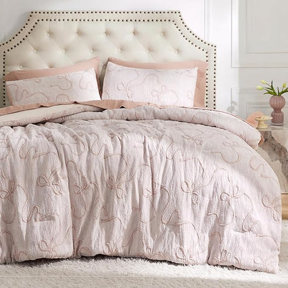 Bedsure Twin Size Comforter Set, Pink Boho Tufted Bed Set, 3D Puffy Jacquard Bedding King Size, 2 Pieces, 1 Farmhouse Shabby Chic Embroidery Comforter with Bow Pattern & 1 Pillow Case