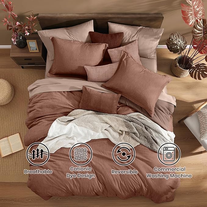 Monbix King Size Comforter Set, Terracotta King Size Bed Set Reversible, King Comforter Set 7 Pieces, Cationic Dyeing Bed in a Bag with Comforter, Sheets, Pillowcases & Shams