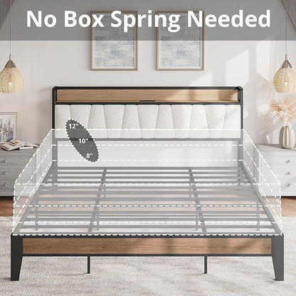 LIKIMIO California King Bed Frames, Storage Headboard with Charging Station, Solid and Stable, Noise Free, No Box Spring Needed, Easy Assembly, Wood and Cream
